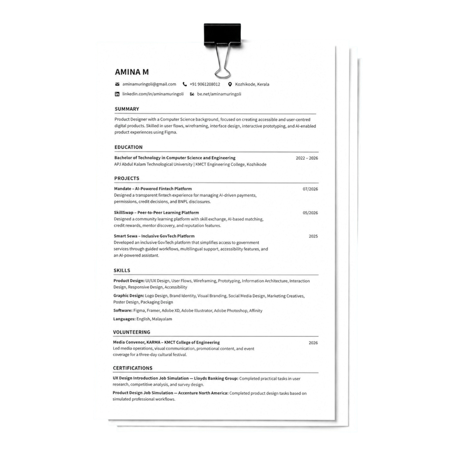 Clipped paper stack preview of Aami's resume