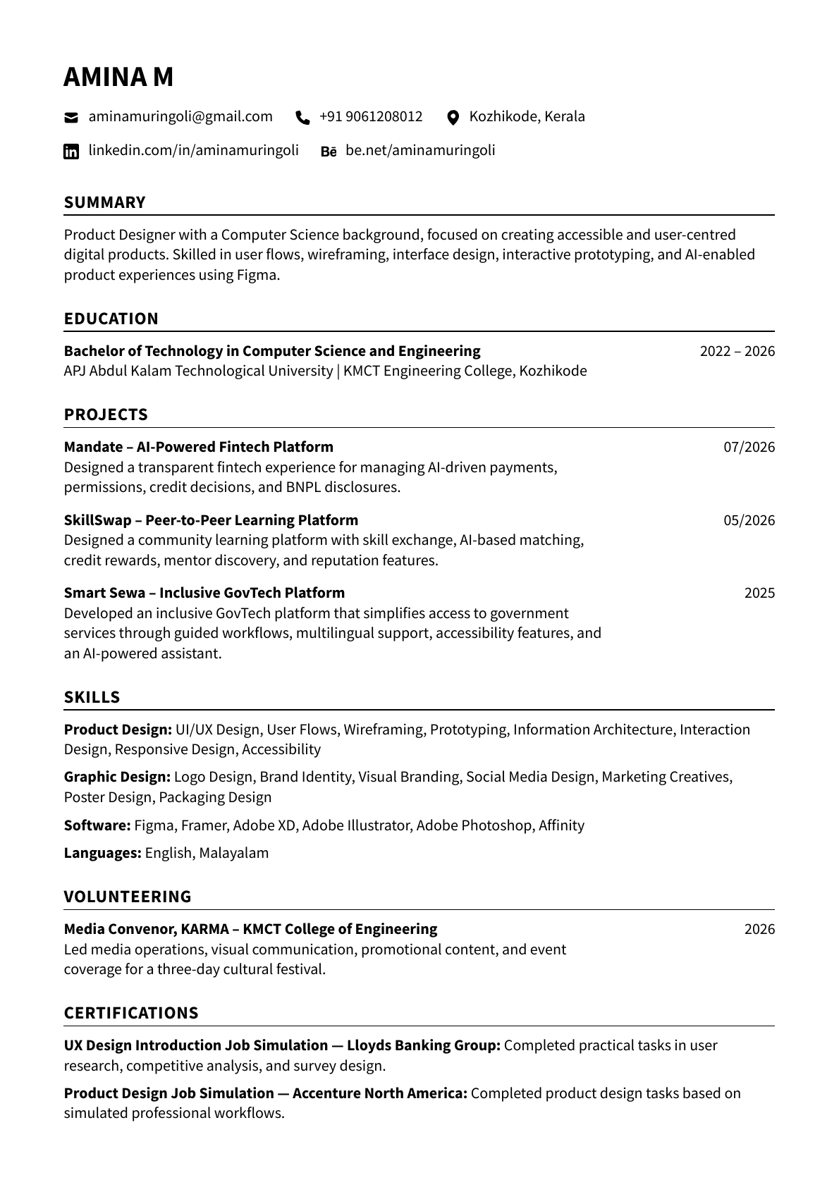 Amina M resume with summary, education, projects, skills, volunteering, and certifications