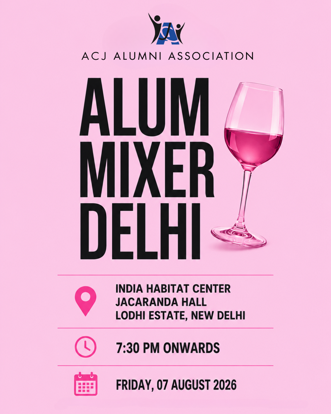 Alum Mixer Delhi event poster in a playful pink typographic style
