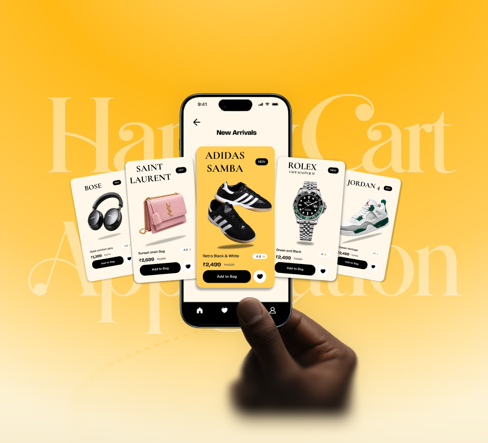 Happy Cart mobile shopping interface presenting new products and price comparisons