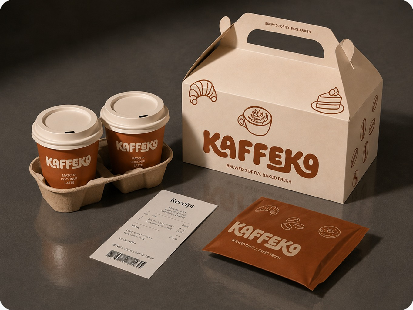 KaffeKo branded coffee cups, bakery box, receipt and takeaway packaging