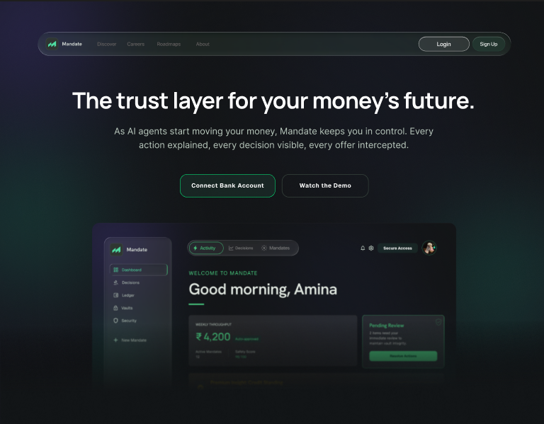 Mandate landing page presenting an explainable financial-control dashboard