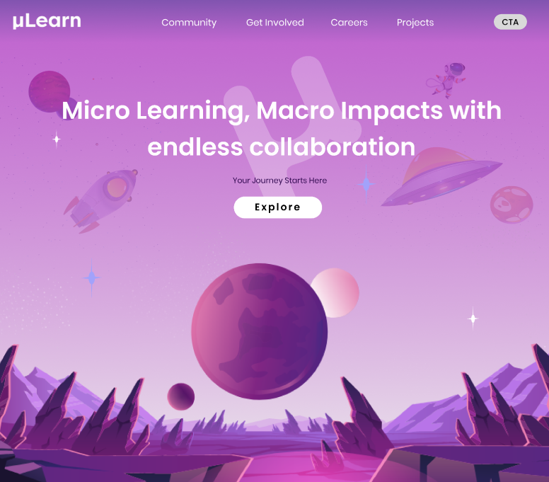muLearn conceptual landing page with a purple space-themed hero illustration