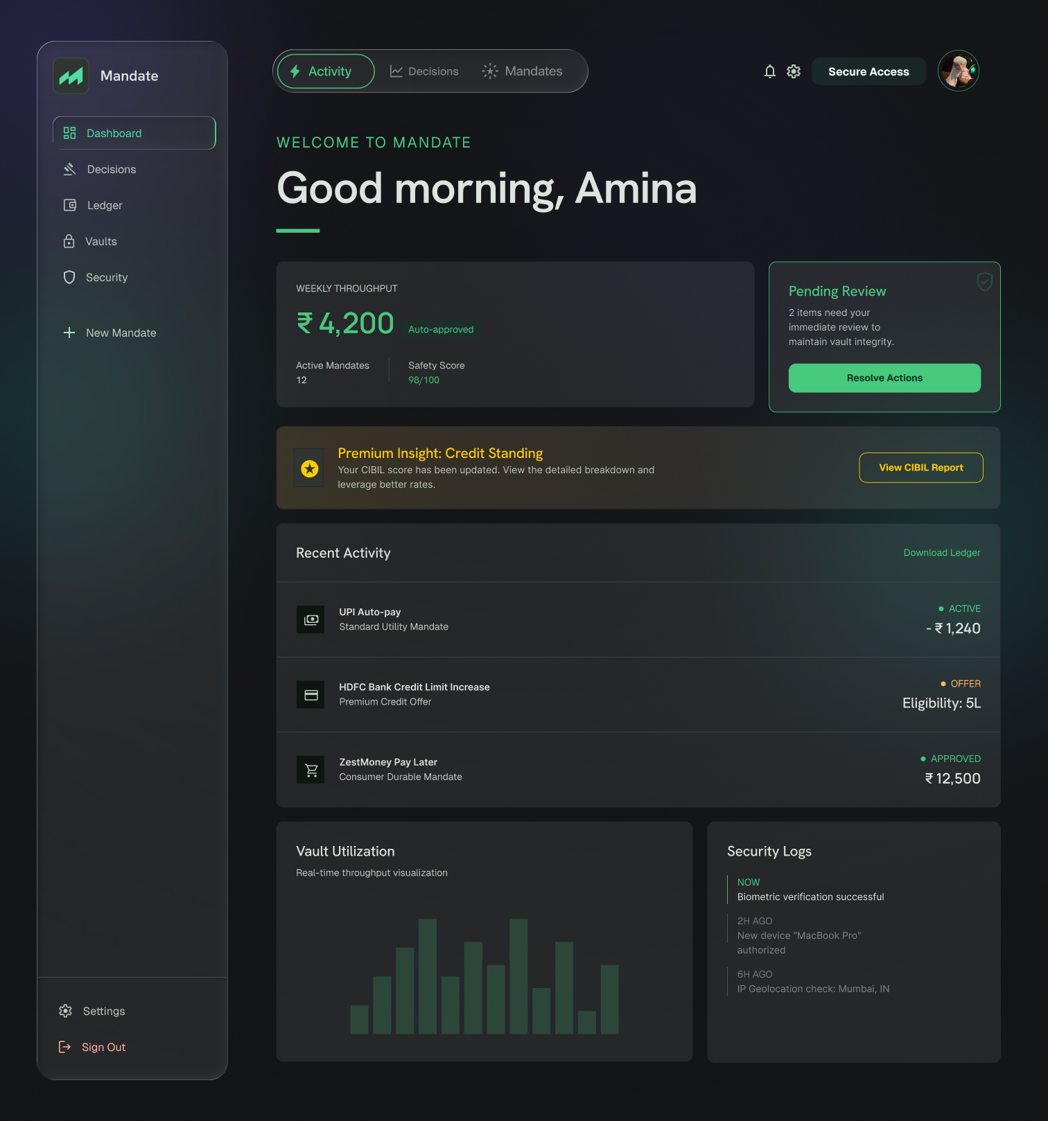 Mandate finance dashboard interface