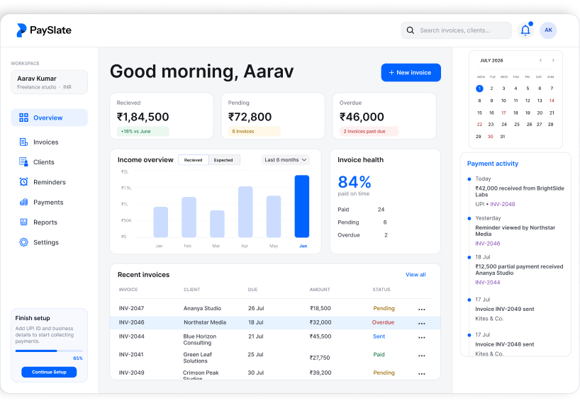 PaySlate invoice dashboard interface