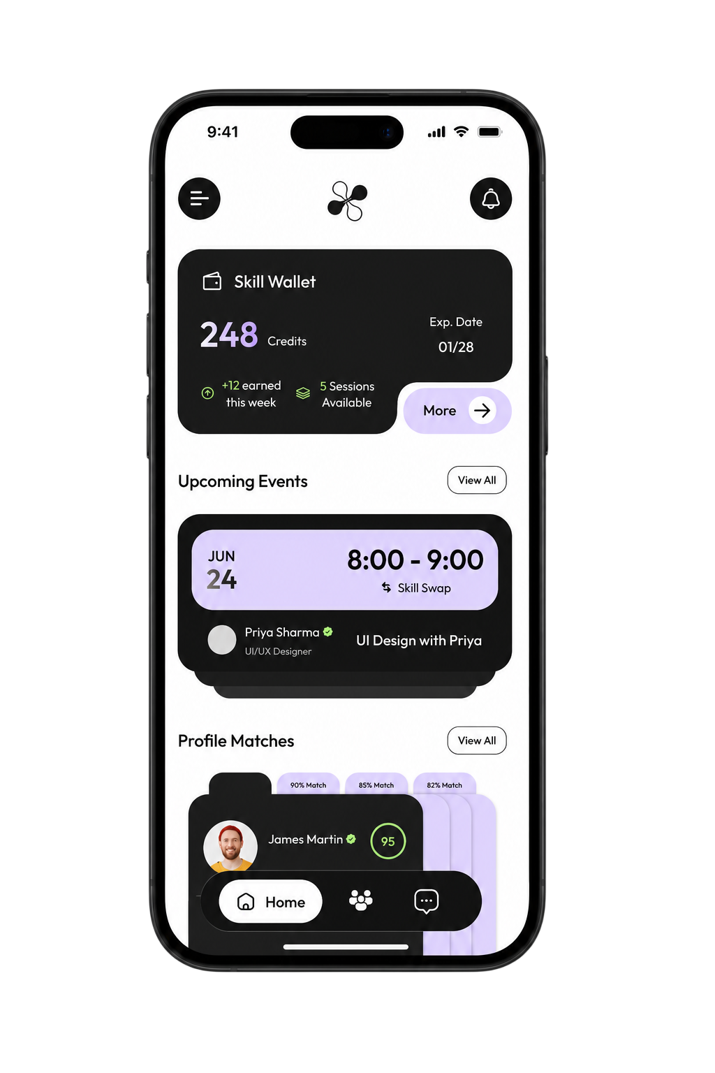 SkillSwap mobile home interface